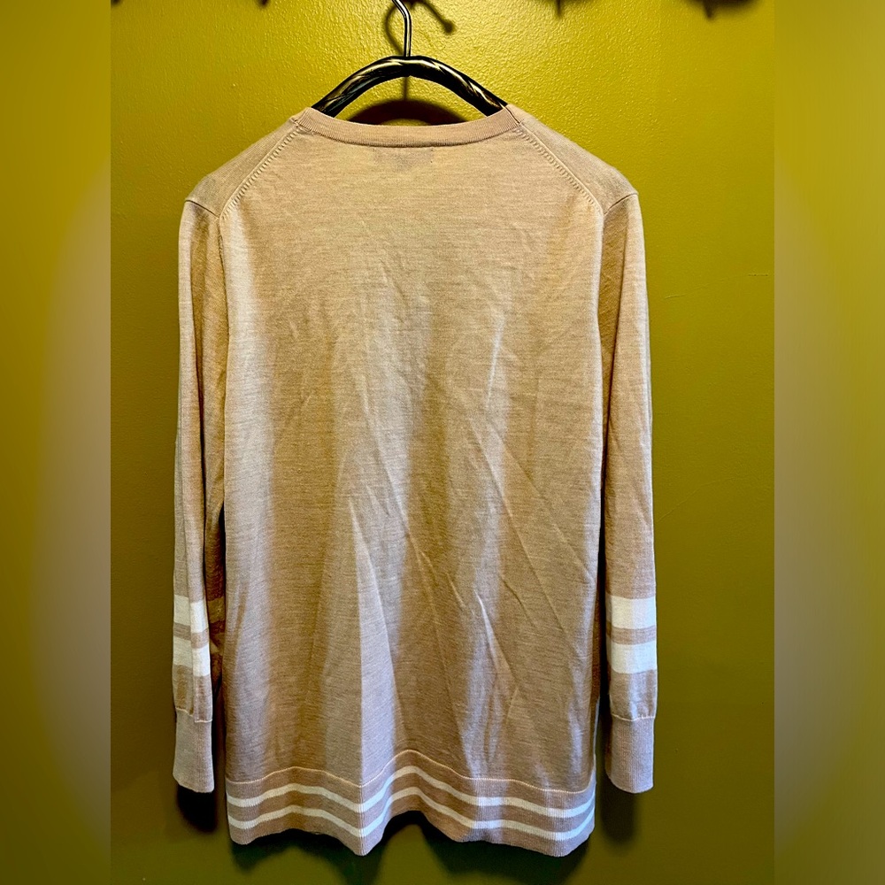 BANANA REPUBLIC tan ivory striped stretch button front merino wool cardigan sz L
